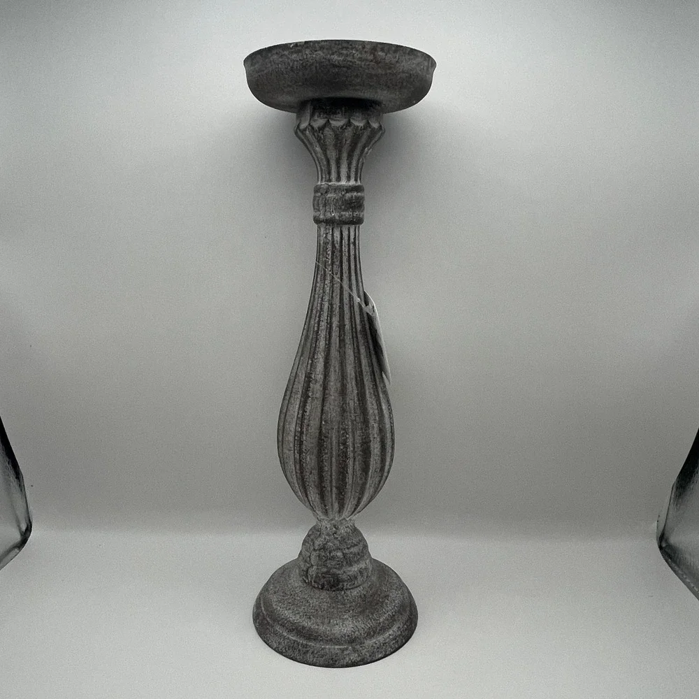 Graywashed Wood Resin Pillar Candle Holder 13.5 In. Rustic Farmhouse Candlestick